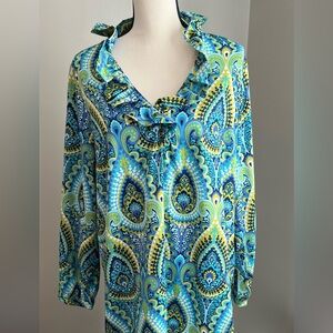 Gorgeous EUC Buckhead Betties xxl blue/green dress with ruffle neckline